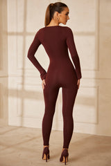 Petite Sweetheart Neckline Long Sleeve Jumpsuit in Brown