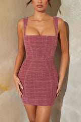 Tweed Square Neck Corset Mini Dress in Rose