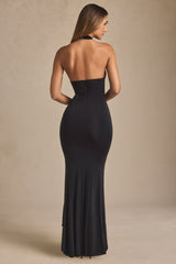 Ruffle-Trim Halterneck Gown in Black