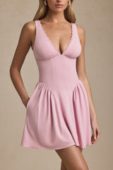 Scallop-Trim A-Line Mini Dress in Soft Pink