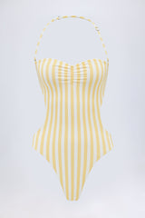 Cut-Out Halterneck Swimsuit in Lemon Yellow Stripe