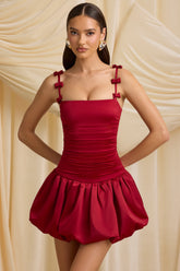 Bow-Detail Ruched Bubble Hem Mini Dress in True Red
