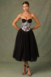 Embellished Lace-Up Cupless Corset in Floral Black