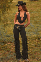 Ruffled Mid-Rise Flared Trousers in Black