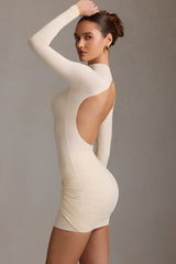 Ruched Backless Turtleneck Mini Dress in Ivory