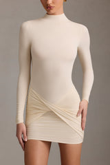Ruched Backless Turtleneck Mini Dress in Ivory