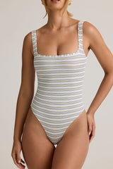 Modal Square-Neck Bodysuit in Blue & Yellow Stripe