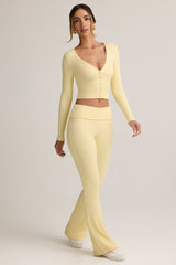 Modal Ribbed Foldover Flared Trousers in Buttercream Yellow
