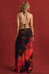 Mid-Rise Split Maxi Skirt in Red Blurred Print