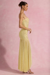Semi-Sheer Embellished Asymmetric Maxi Dress in Yellow