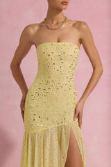 Semi-Sheer Embellished Asymmetric Maxi Dress in Yellow
