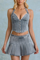 Low-Rise Pleated Mini Skirt in Light Blue