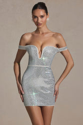 Embellished Off-Shoulder Mini Dress in White