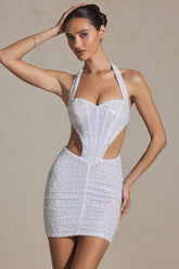 Embellished Cut-Out Halterneck Mini Dress in White