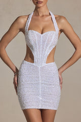 Embellished Cut-Out Halterneck Mini Dress in White