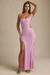 Embellished Cut-Out Fishtail Maxi Dress in Peony Pink
