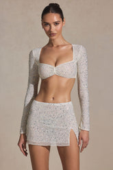 Embellished Long-Sleeve Crop Top in White