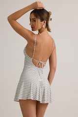 Modal Ribbed Tie-Back A-Line Mini Dress in Blue & Yellow Stripe