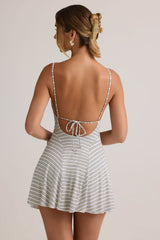 Modal Ribbed Tie-Back A-Line Mini Dress in Blue & Yellow Stripe