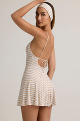 Modal Ribbed Tie-Back A-Line Mini Dress in Pink & Yellow Stripe