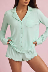 Modal Ruffle-Trim Pyjama Shorts in Mint