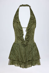 Ruffled Plunge Halterneck Playsuit in Green Print