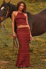 Ruffled Mid-Rise Maxi Skirt in Burnt Red