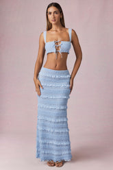 Ruffled Mid-Rise Maxi Skirt in Powder Blue