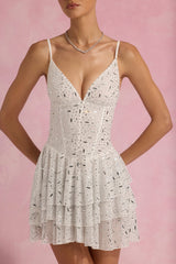 Embellished Ruffled Tiered Mini Dress in White