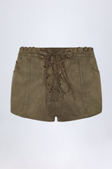 Lace-Up Mid-Rise Shorts in Dark Khaki