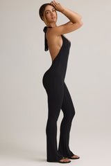 Modal Ribbed Backless Halterneck Jumpsuit in Black