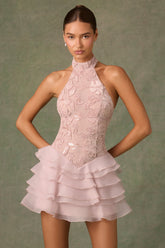 Embellished Ruffled Halterneck Mini Dress in Dusty Rose