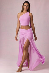 Asymmetric Ruched Maxi Skirt in Pink Orchid
