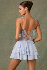 Embellished Ruffled Corset Mini Dress in Floral Blue
