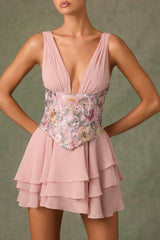 Embellished Ruffled Corset Mini Dress in Floral Pink