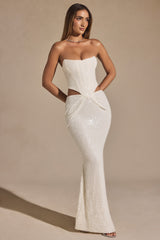 Embellished Cut-Out Draped Corset Gown in White