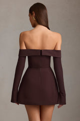 Off-Shoulder Structured A-Line Mini Dress in Chocolate Brown