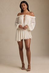 Off-Shoulder Asymmetric Balloon-Sleeve Mini Dress in Ivory