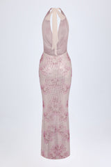 Embellished Cowl-Neck Maxi Dress in Pink and White Hotfix