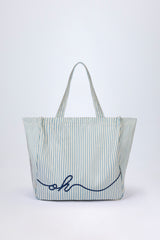Oversized Canvas Tote Bag in Teal Blue Double Stripe