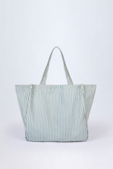 Oversized Canvas Tote Bag in Teal Blue Double Stripe
