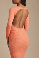 Ruched Backless Lace Maxi Dress in Peach