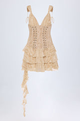 Lace-Up Ruffled Tiered Mini Dress in Tan Print