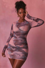 Constellations Long Sleeve Bodycon Ruched Mesh Mini Dress in Blush