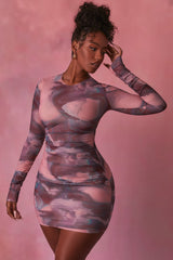 Constellations Long Sleeve Bodycon Ruched Mesh Mini Dress in Blush