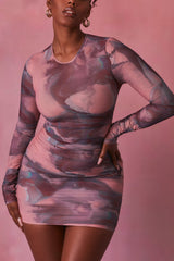 Constellations Long Sleeve Bodycon Ruched Mesh Mini Dress in Blush