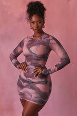 Constellations Long Sleeve Bodycon Ruched Mesh Mini Dress in Blush