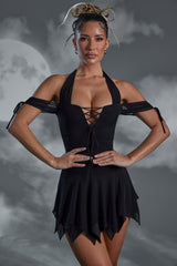 Lace Up Halter Neck Mini Dress in Black