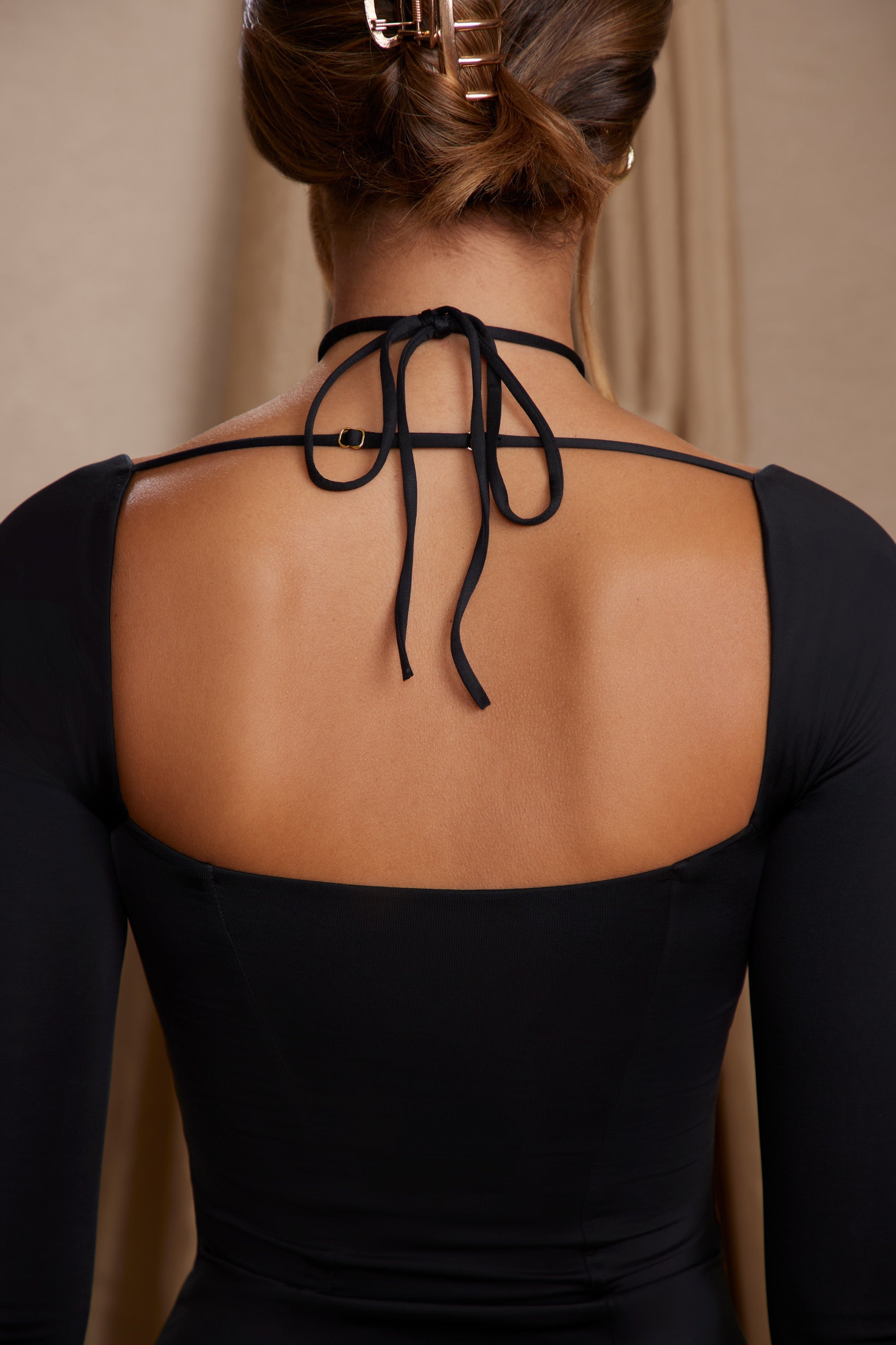 Long Sleeve Cross Over Strap Mini Dress in Black