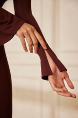 Petite Sweetheart Neckline Long Sleeve Jumpsuit in Brown